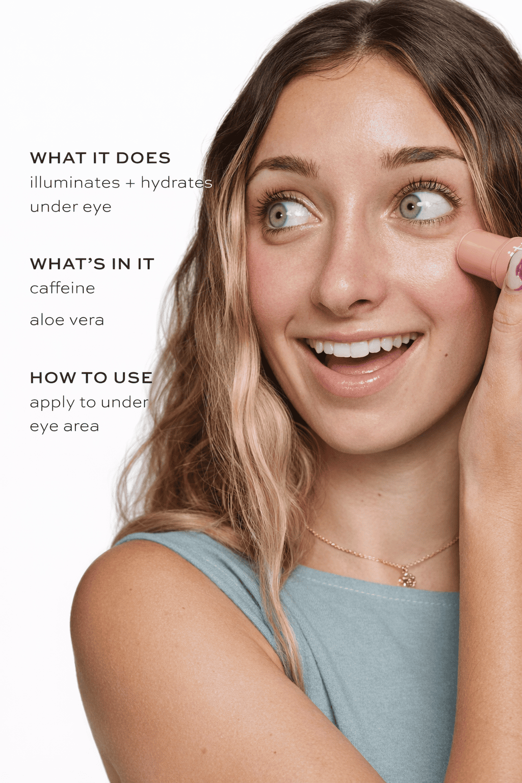 Woman applying eye cream with text about product benefits and usage.