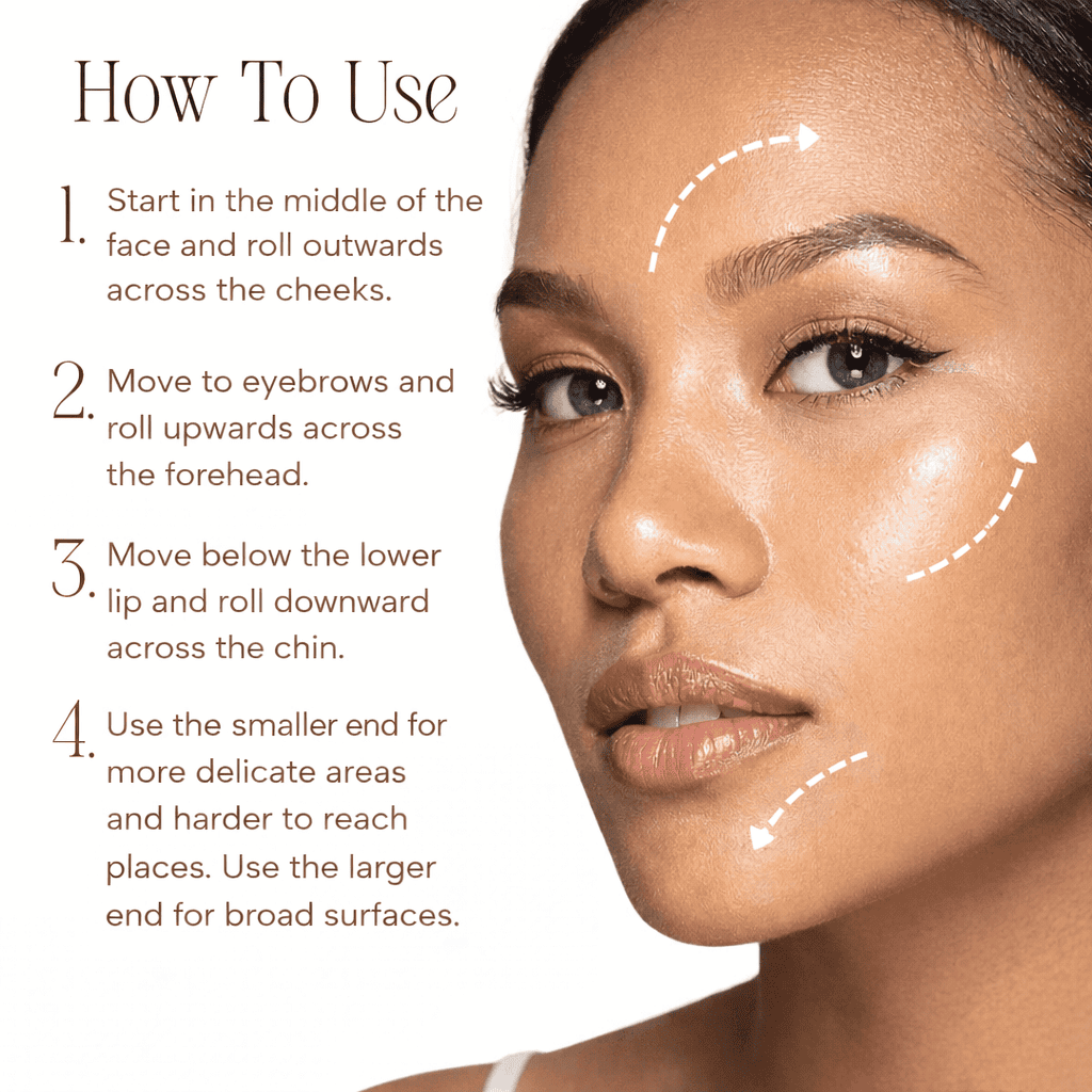 Instructions on how to use a cosmetic product with a close-up of a woman's face.