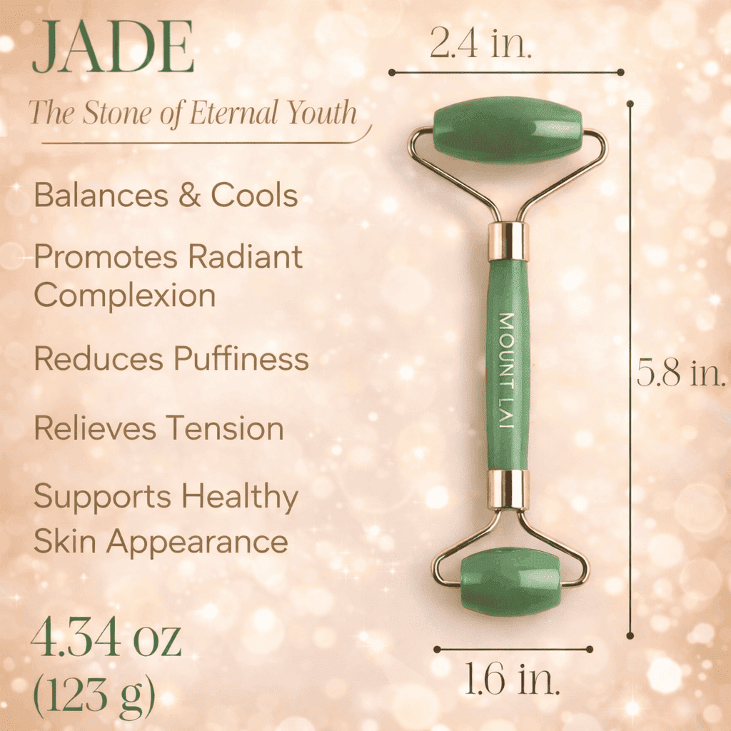 Jade roller with measurements and benefits on a beige background
