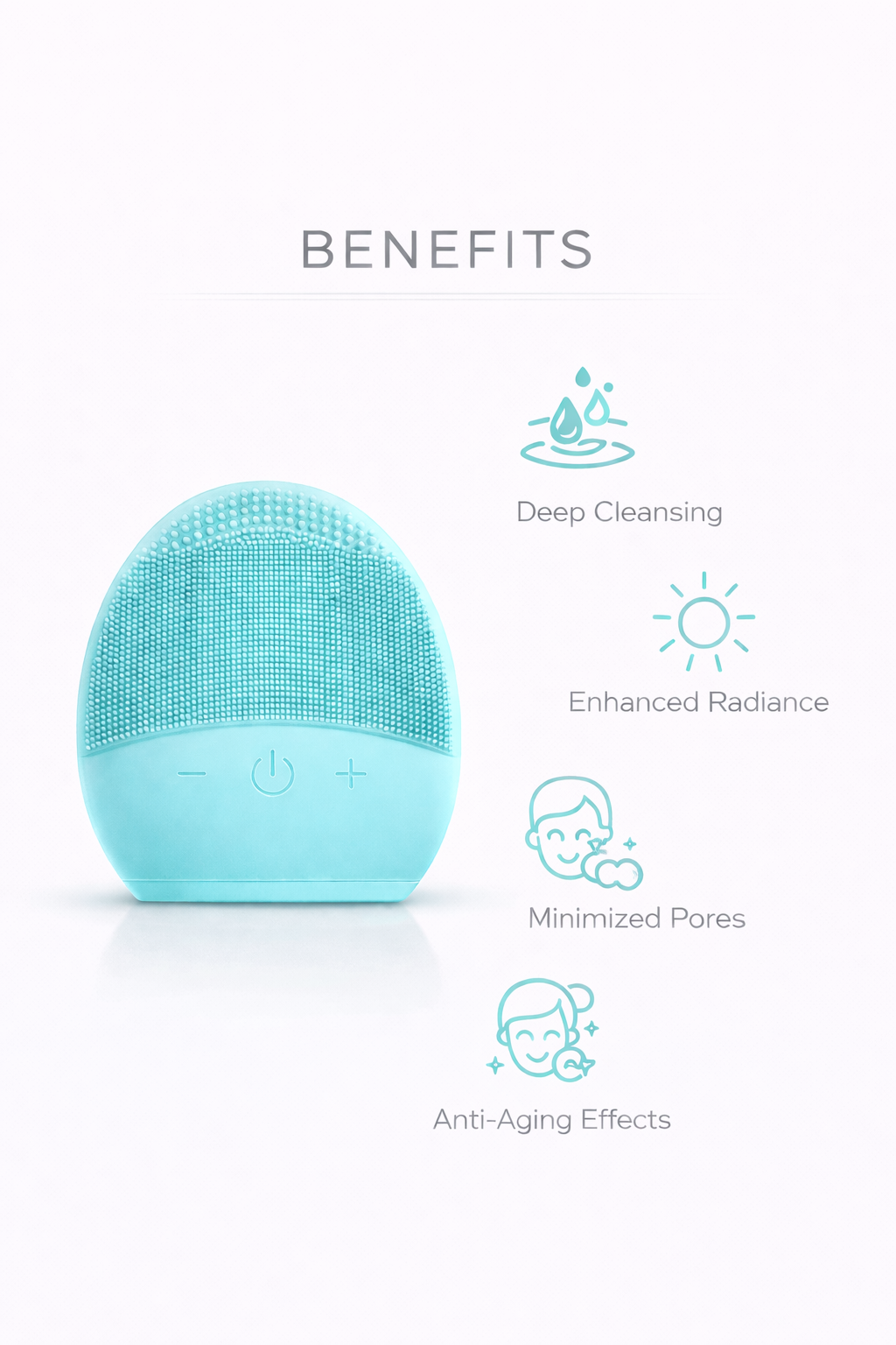 Turquoise skin care device with icons and text listing benefits on a white background