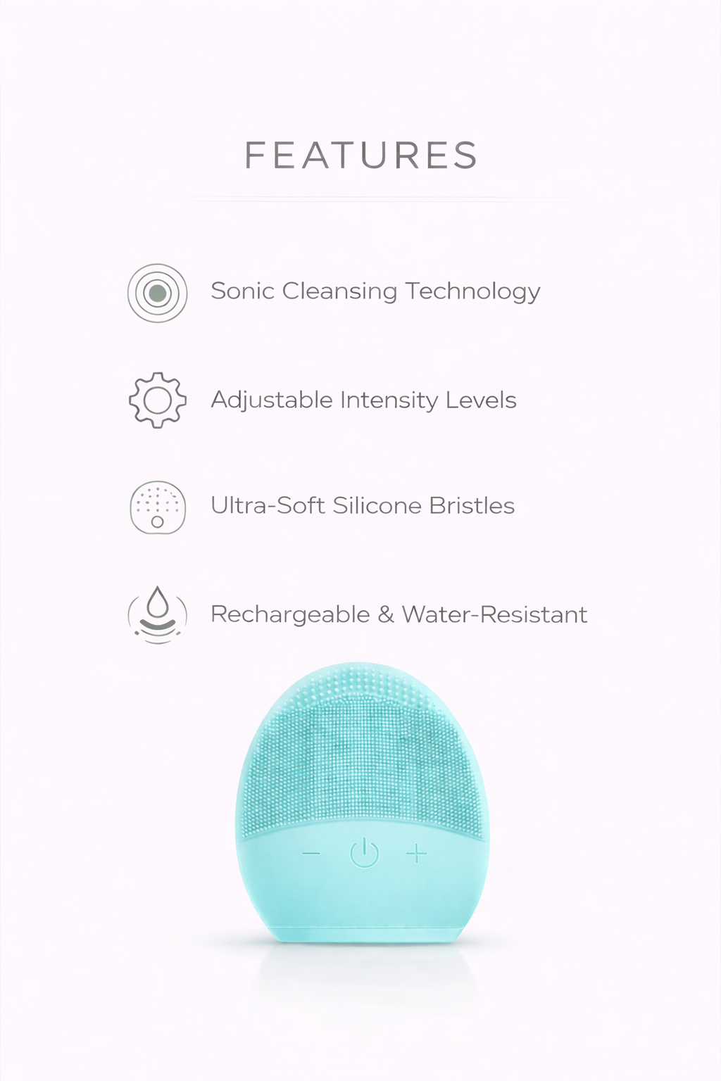 Teal cleaning device with features listed on a white background