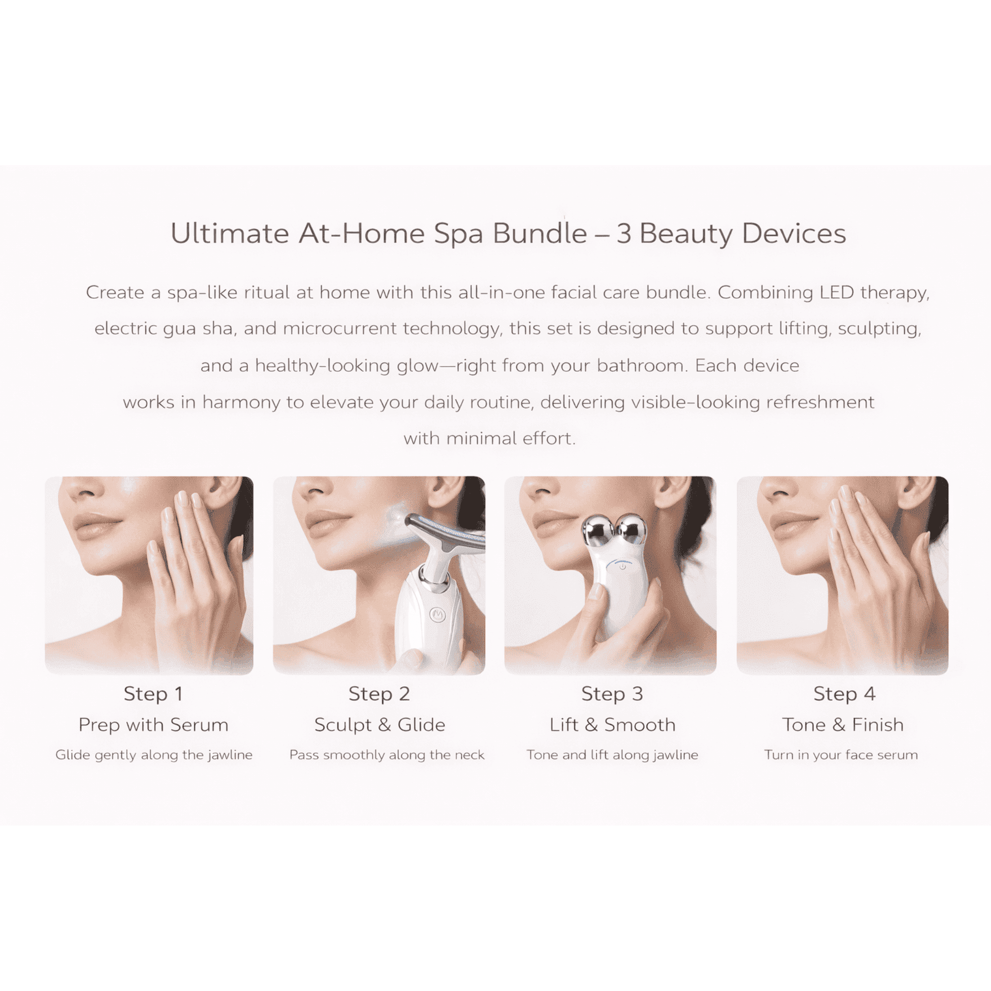 Advertisement for an at-home spa bundle with three beauty devices and usage instructions.