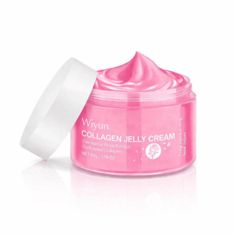 Pink collagen jelly cream jar with white lid on a white background