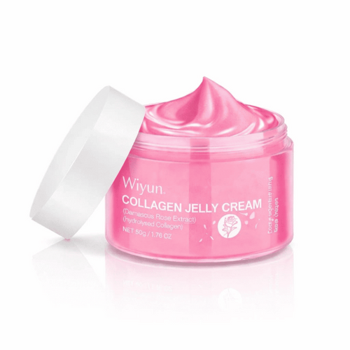 Pink collagen jelly cream jar with white lid on a white background