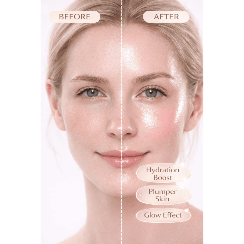 Before and after comparison of a woman's face with text indicating hydration boost, plumper skin, and glow effect.