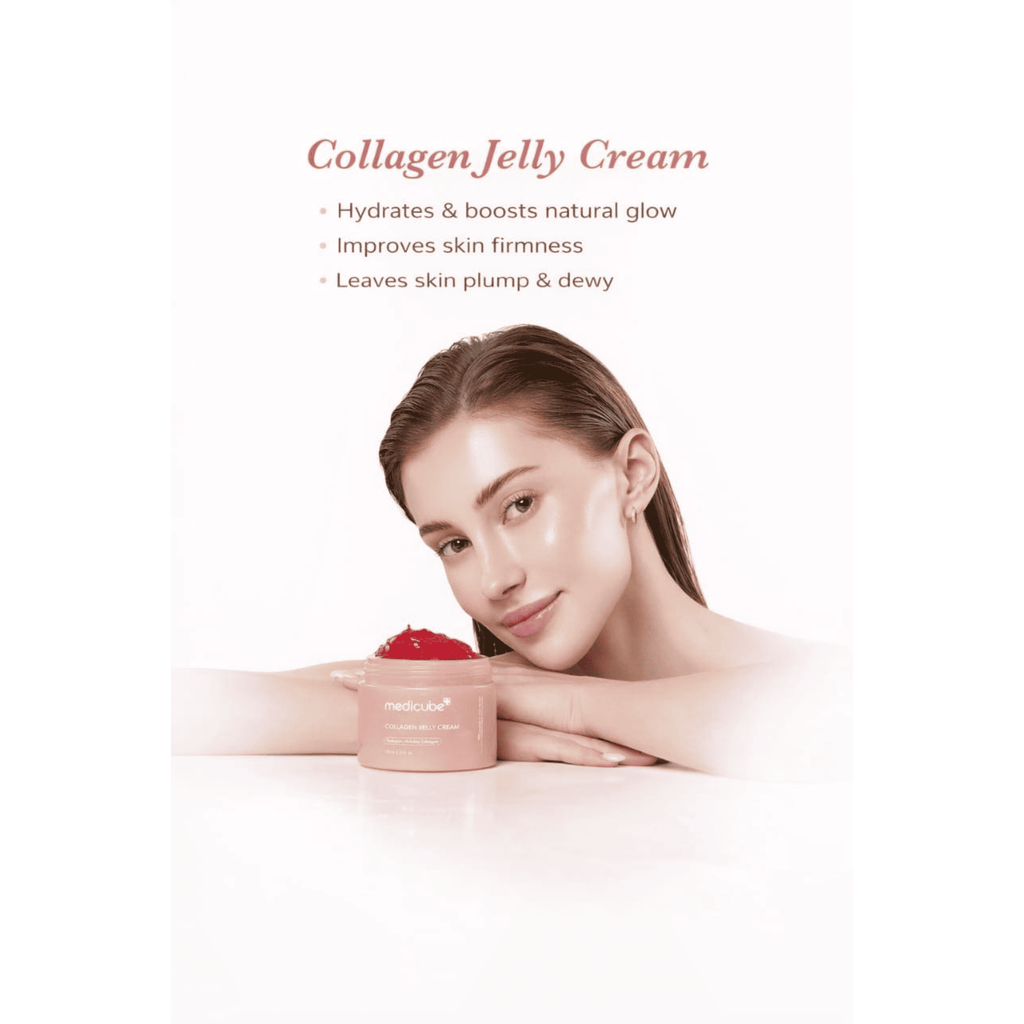 Collagen Jelly Cream advertisement with a woman holding the product on a white background