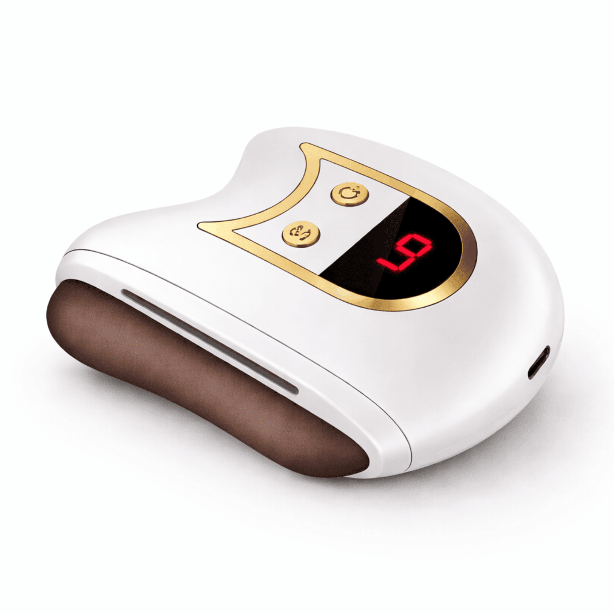 White and brown electronic device with digital display on a white background