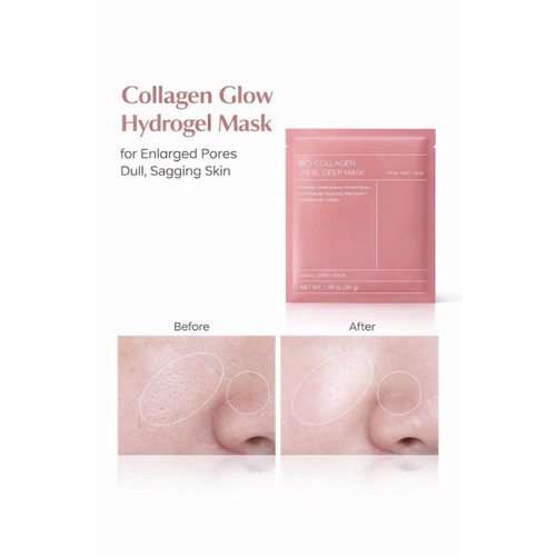 Collagen Glow Hydrogel Mask packaging with 'Before' and 'After' skin comparison on a white background.