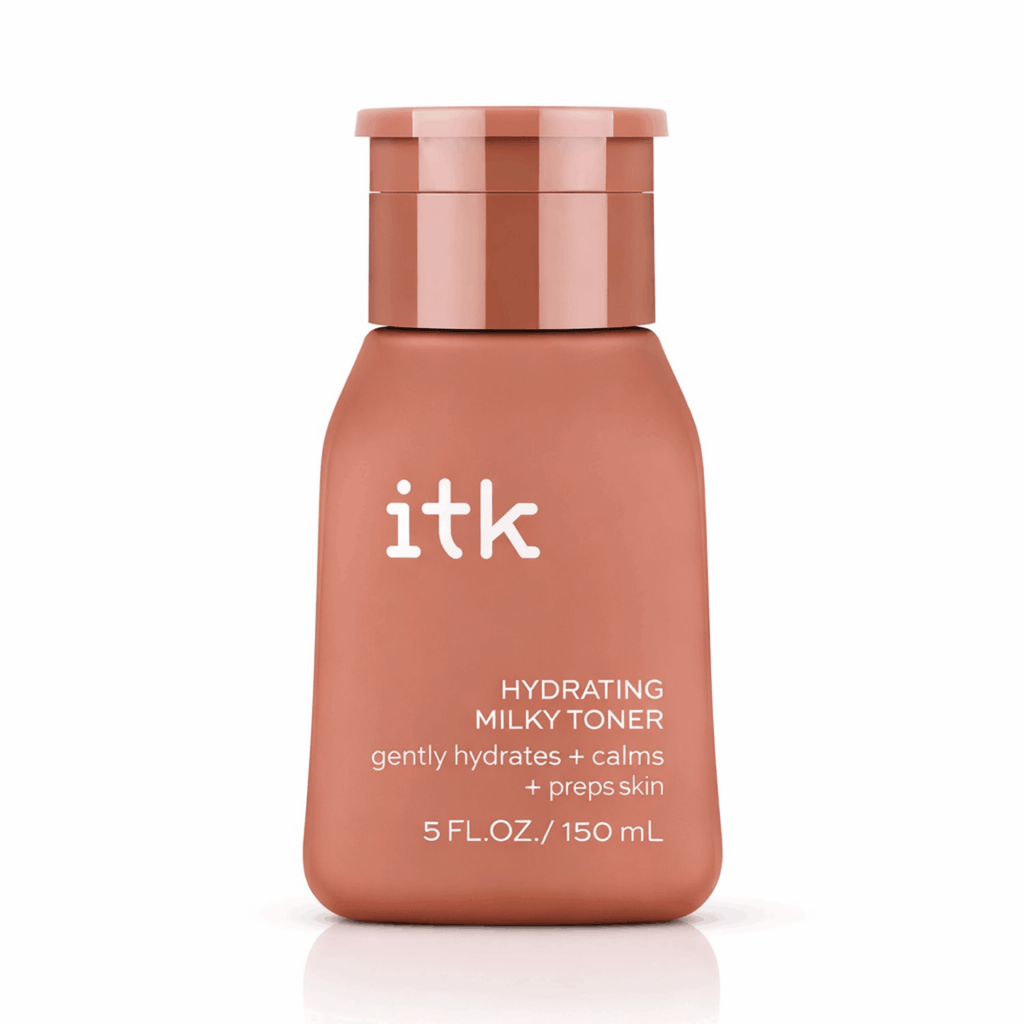 Skincare bottle labeled 'itk' with a pinkish-brown color on a white background