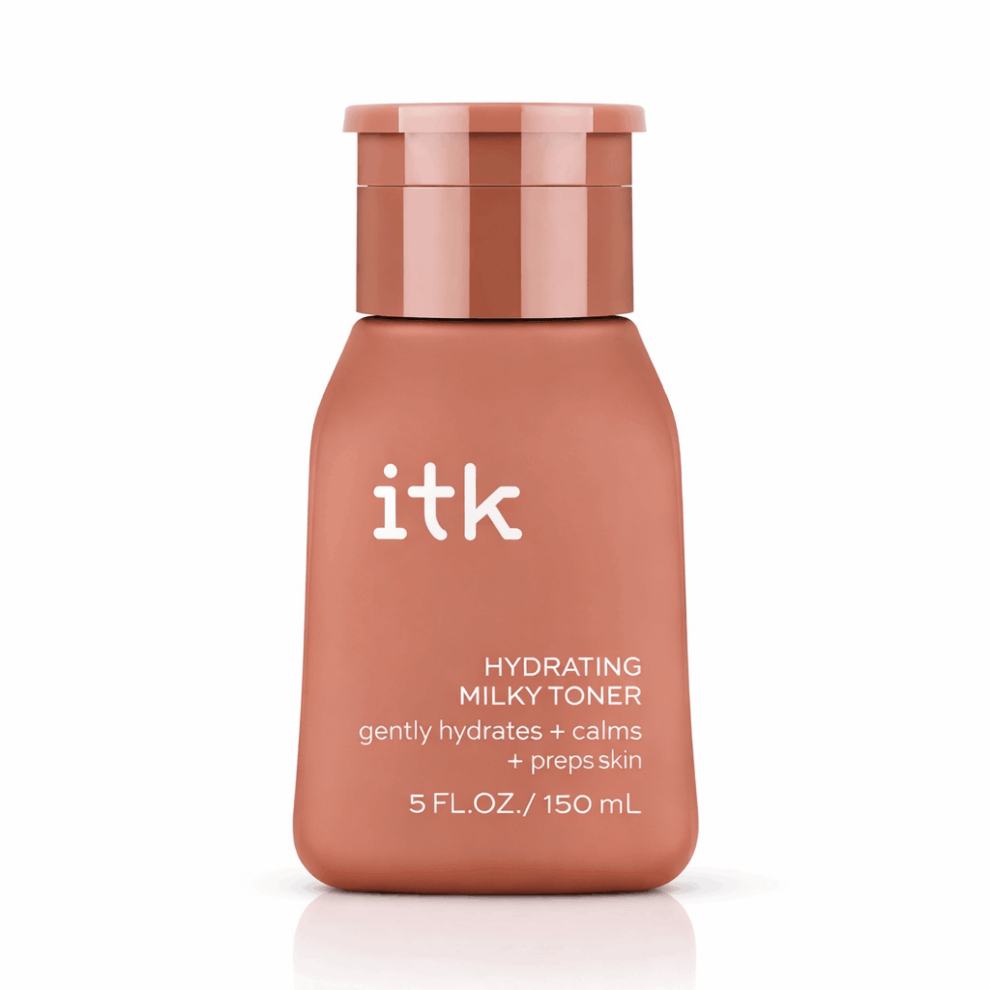 Skincare bottle labeled 'itk' with a pinkish-brown color on a white background