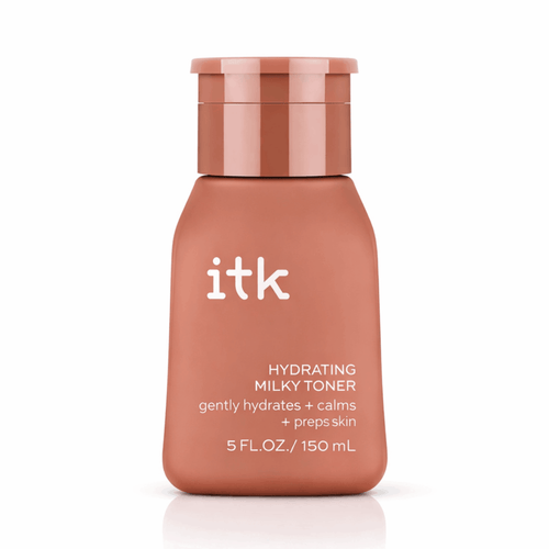 Skincare bottle labeled 'itk' with a pinkish-brown color on a white background