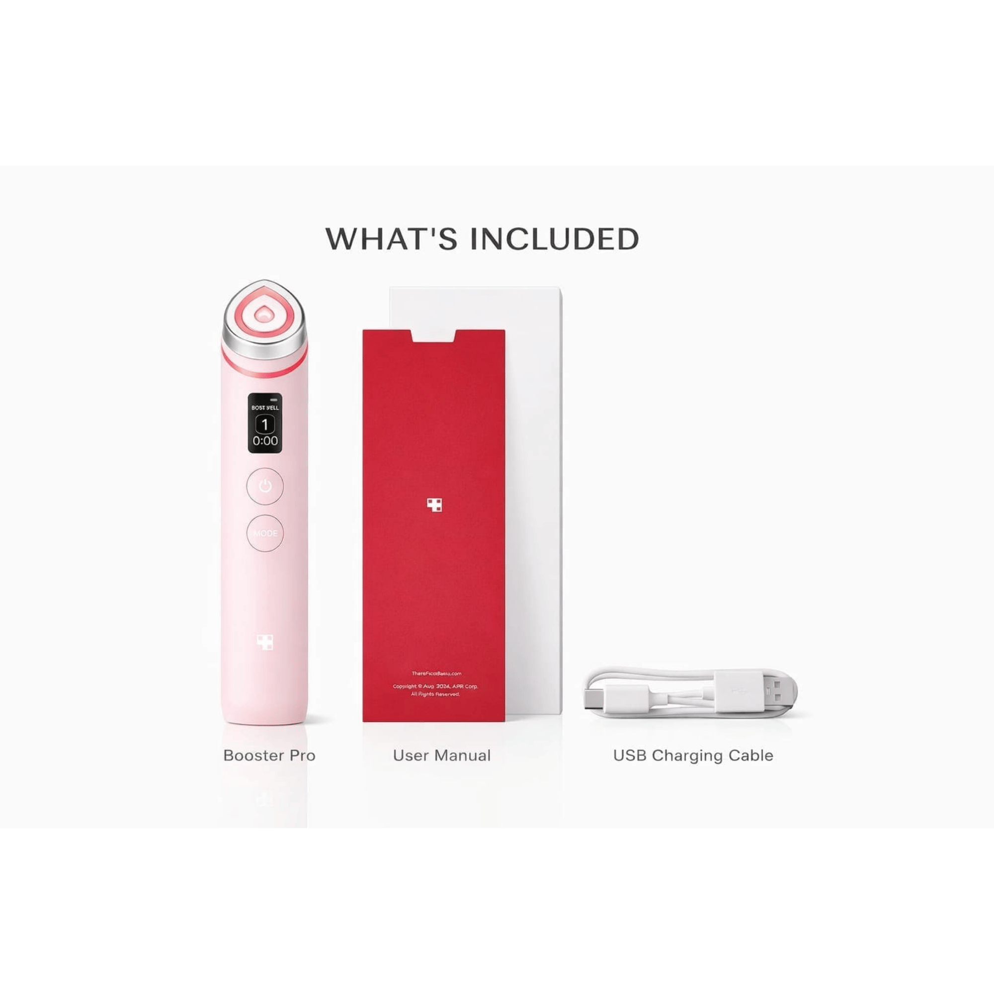 Product packaging with Booster Pro, User Manual, and USB Charging Cable on a white background