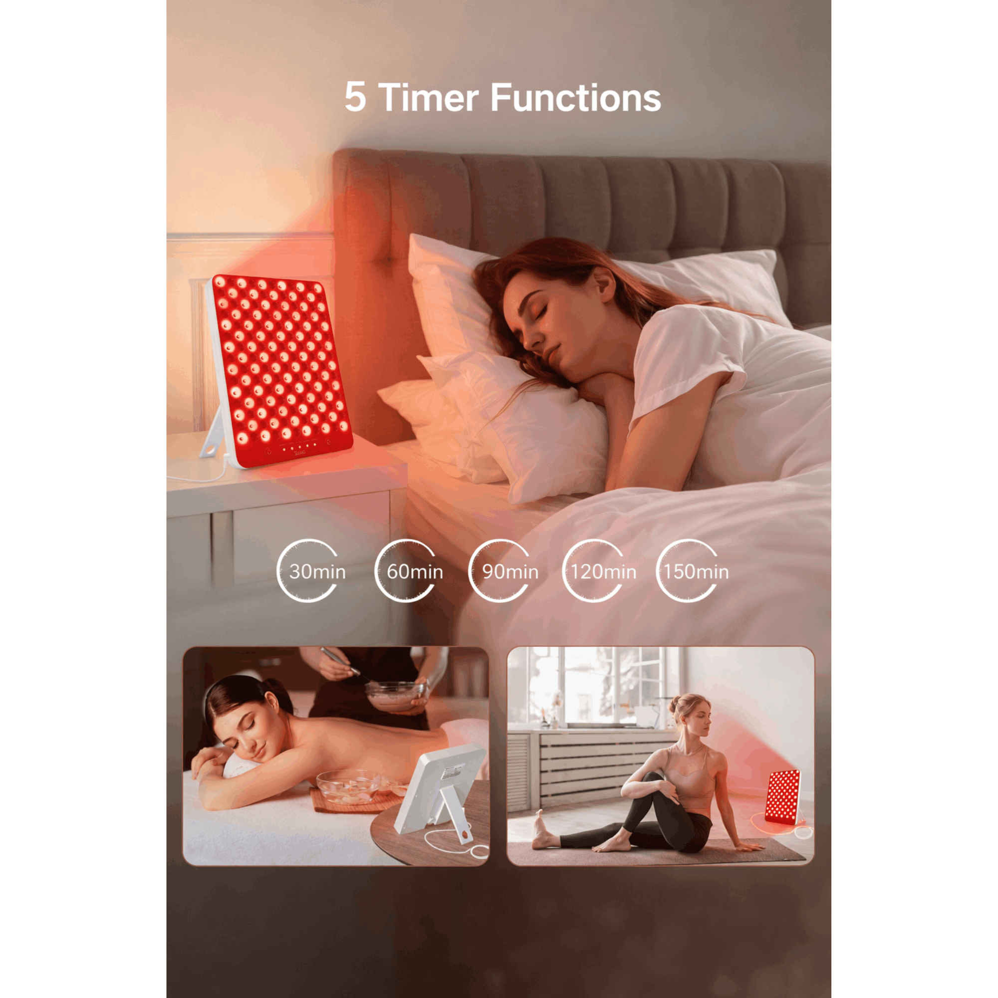 Woman using a red LED light with timer functions in a bedroom setting