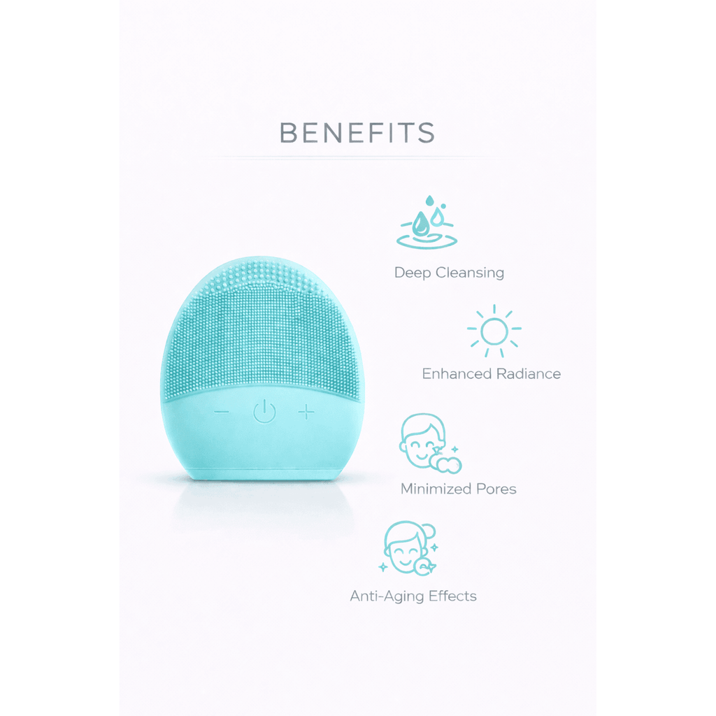 Turquoise skin care device with benefits listed on a white background