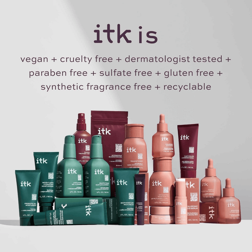 Collection of itk skincare products on a white background with product features listed above.