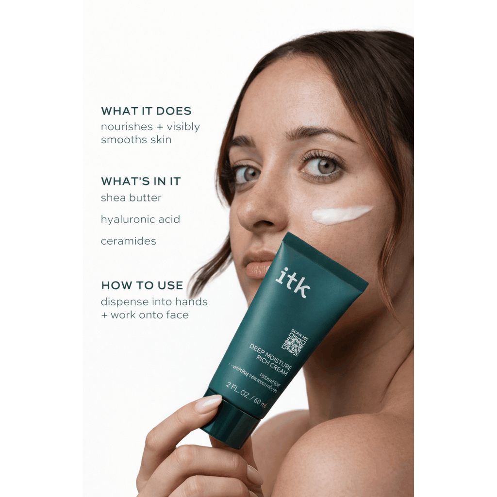 Woman applying skincare cream with product details on a white background