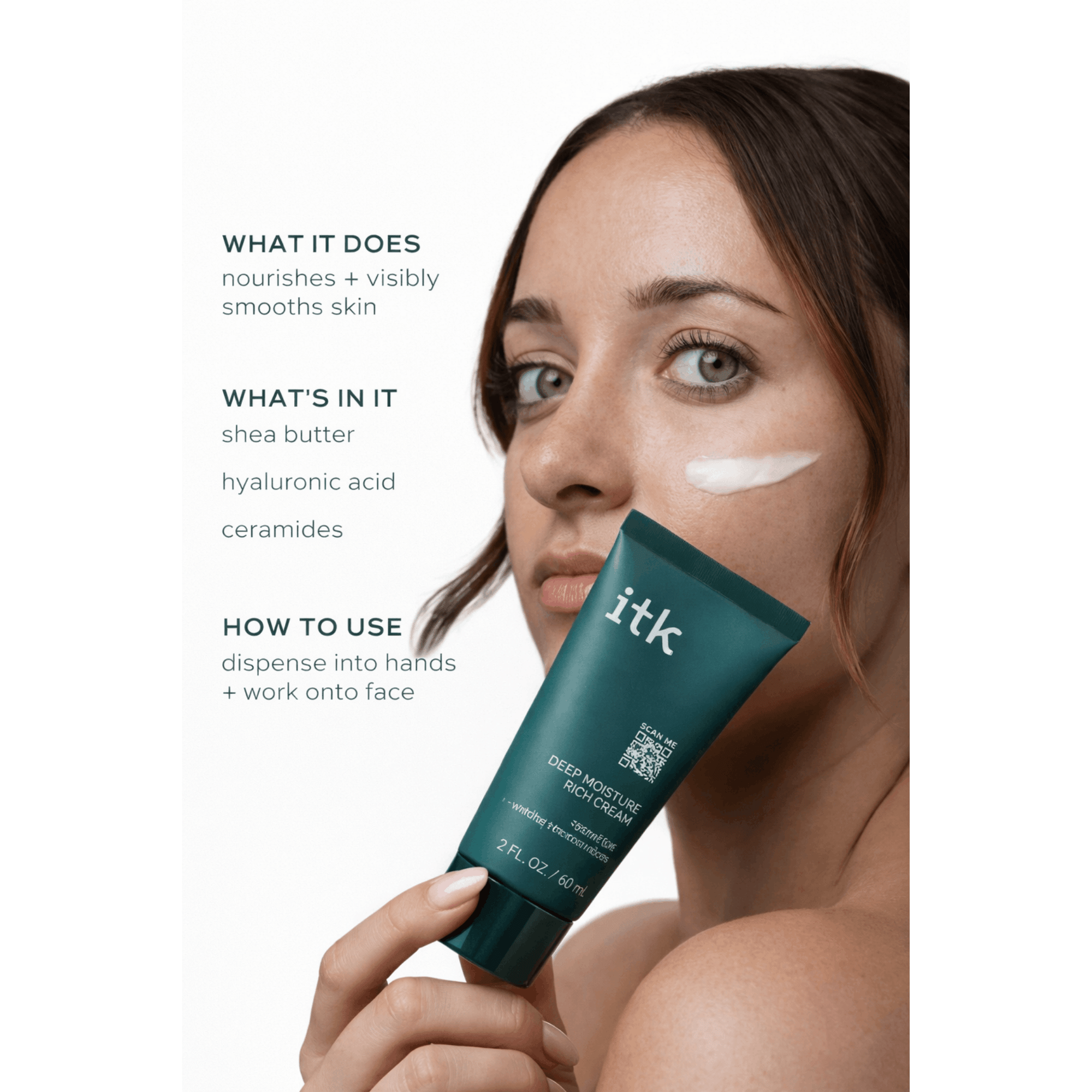 Woman applying skincare cream with product details on a white background