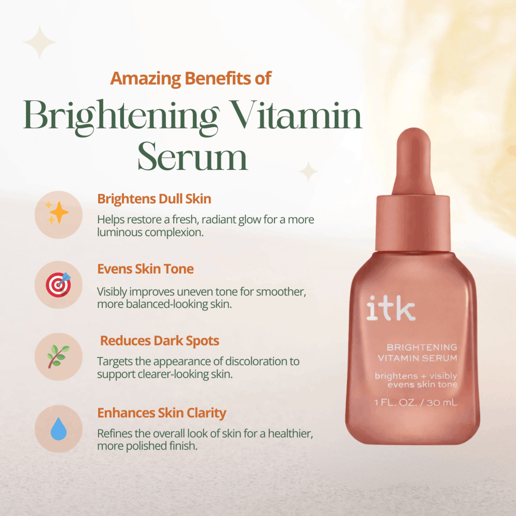 ITK brightening vitamin serum with benefits listed on a light background