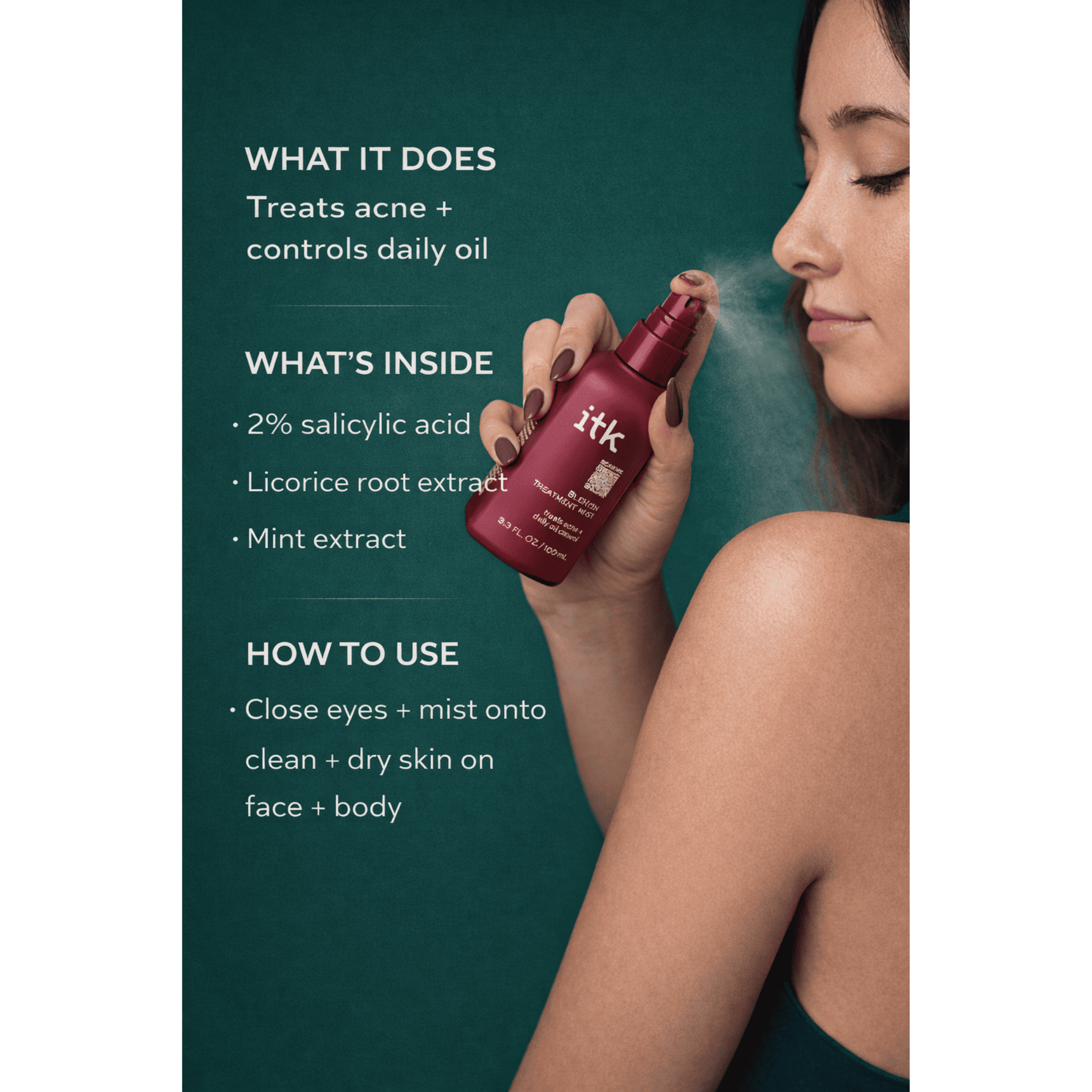 Woman holding a red spray bottle with skincare product, text on green background