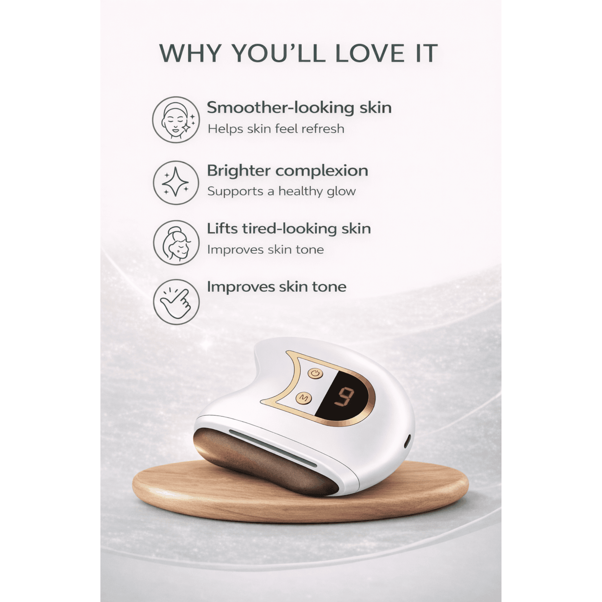 Skincare device on a wooden stand with text highlighting its benefits on a light background