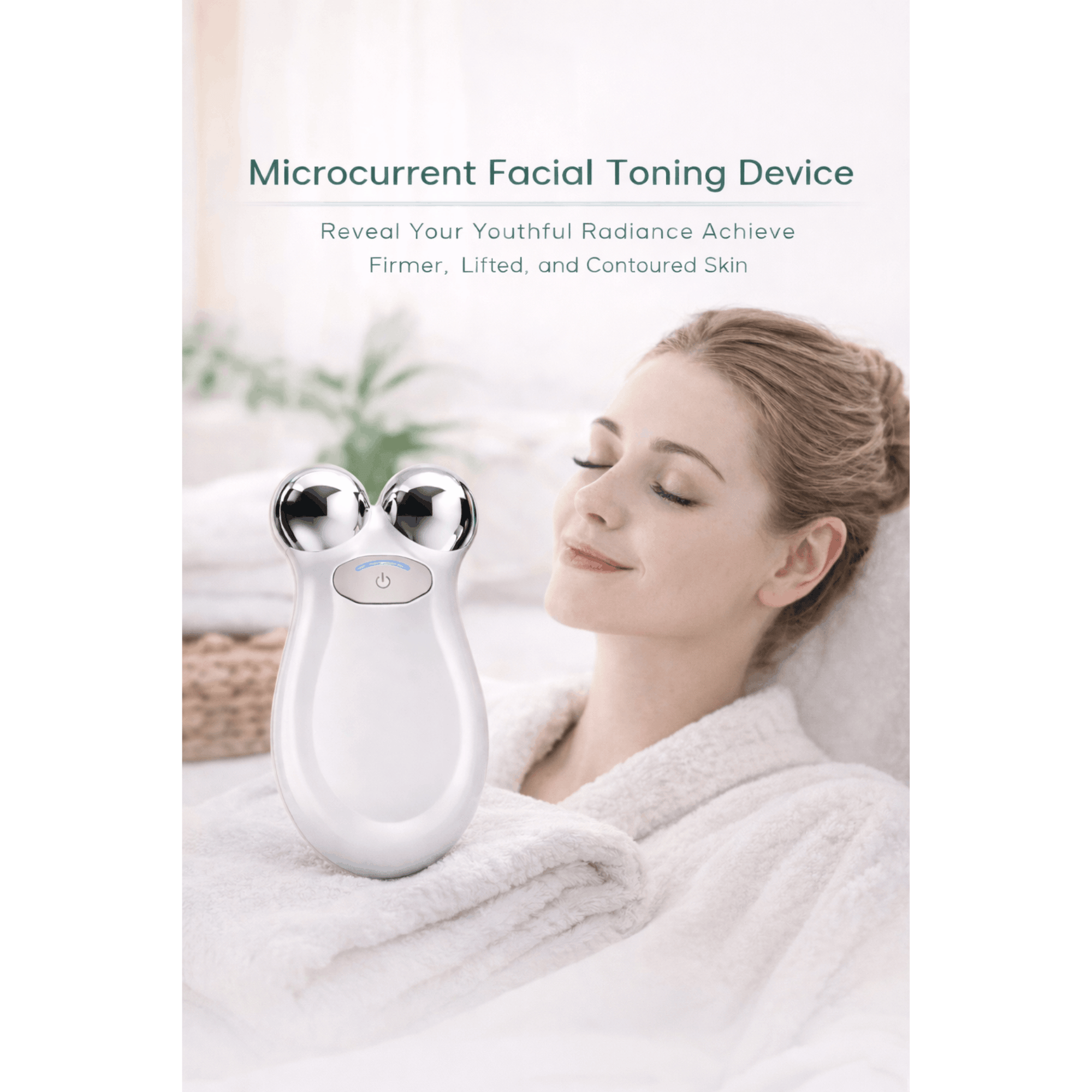 Microcurrent facial toning device with a woman using it, set against a neutral background.