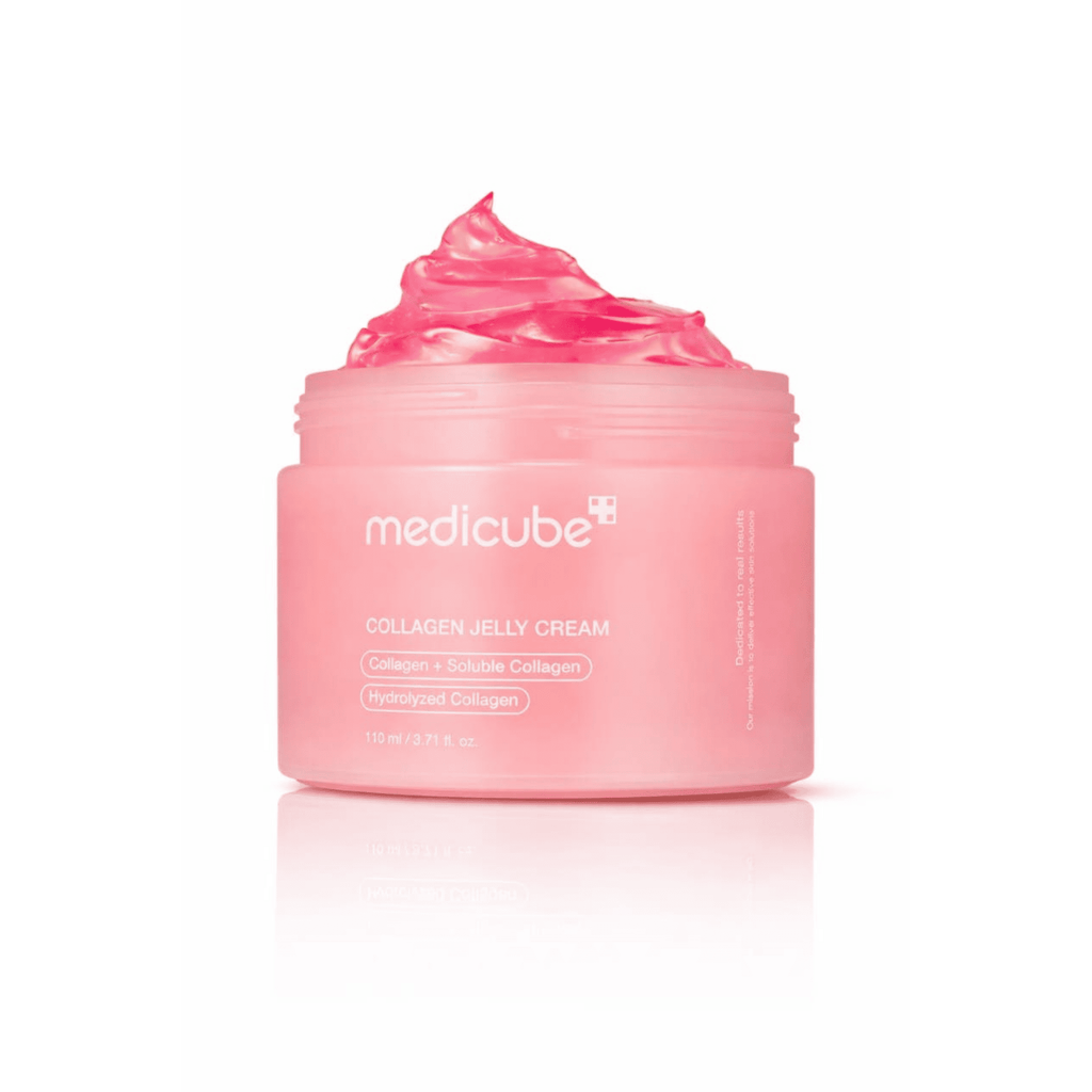 Pink jar of Medicube Collagen Jelly Cream on a white background