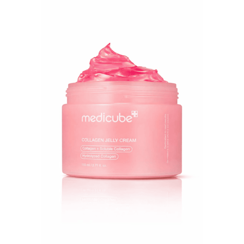 Pink jar of Medicube Collagen Jelly Cream on a white background