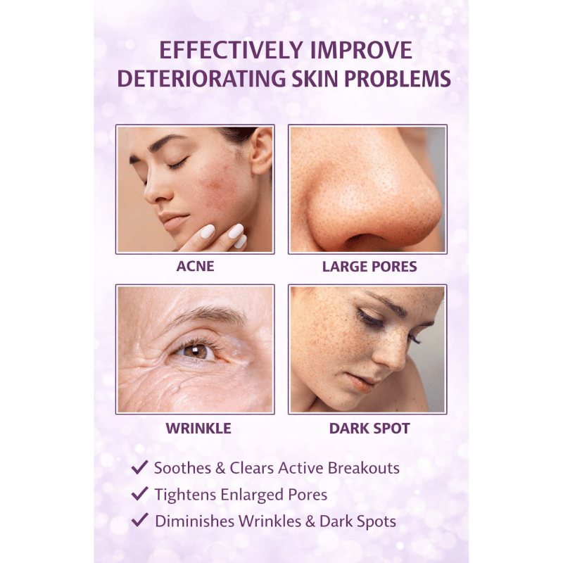 Advertisement for skincare products with before-and-after images of skin issues and benefits.