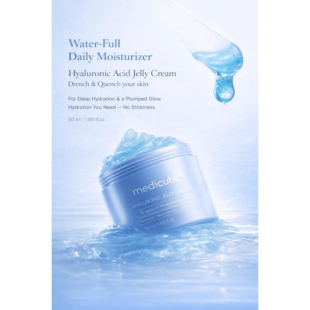 Medicube Water-Full Daily Moisturizer packaging with blue cream and water droplet on a light blue background