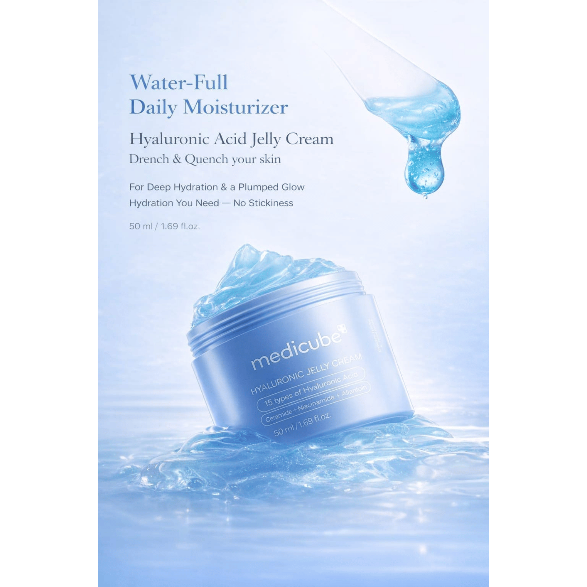 Medicube Water-Full Daily Moisturizer packaging with blue cream and water droplet on a light blue background