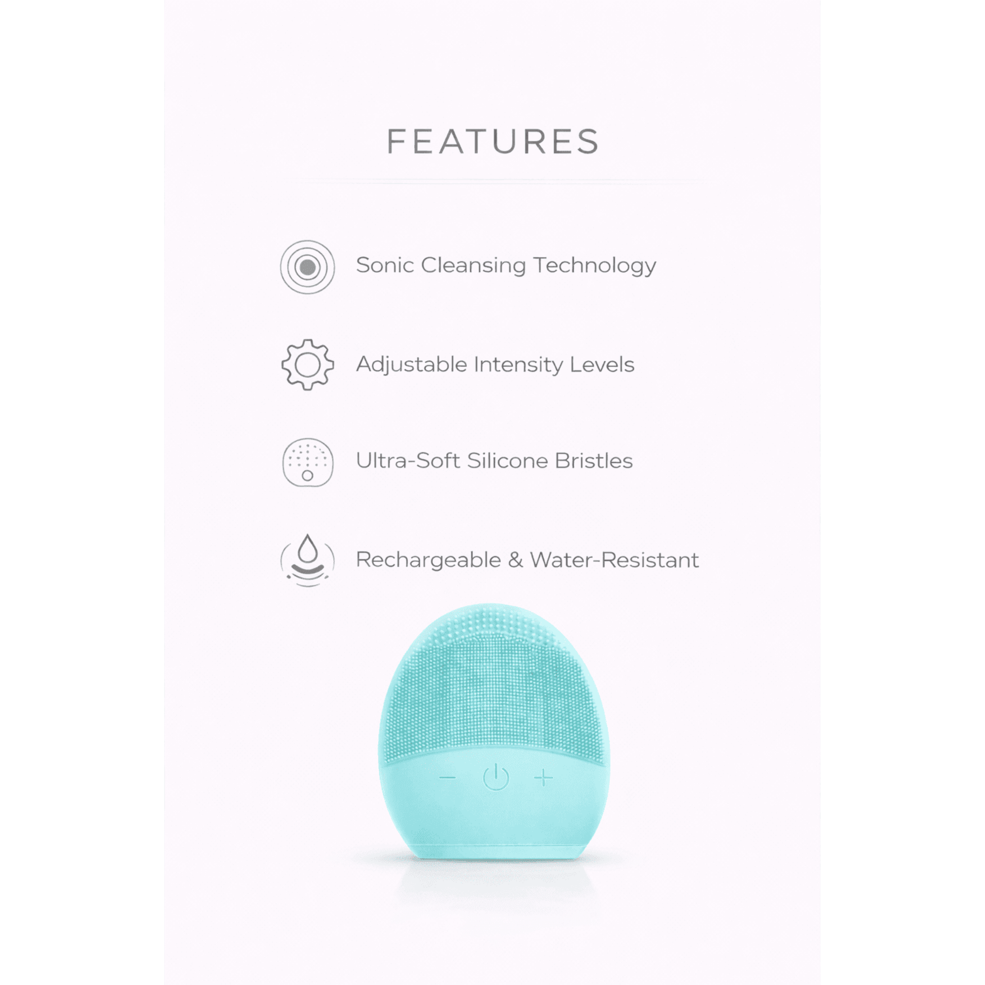 Teal cleaning device with features listed on a white background