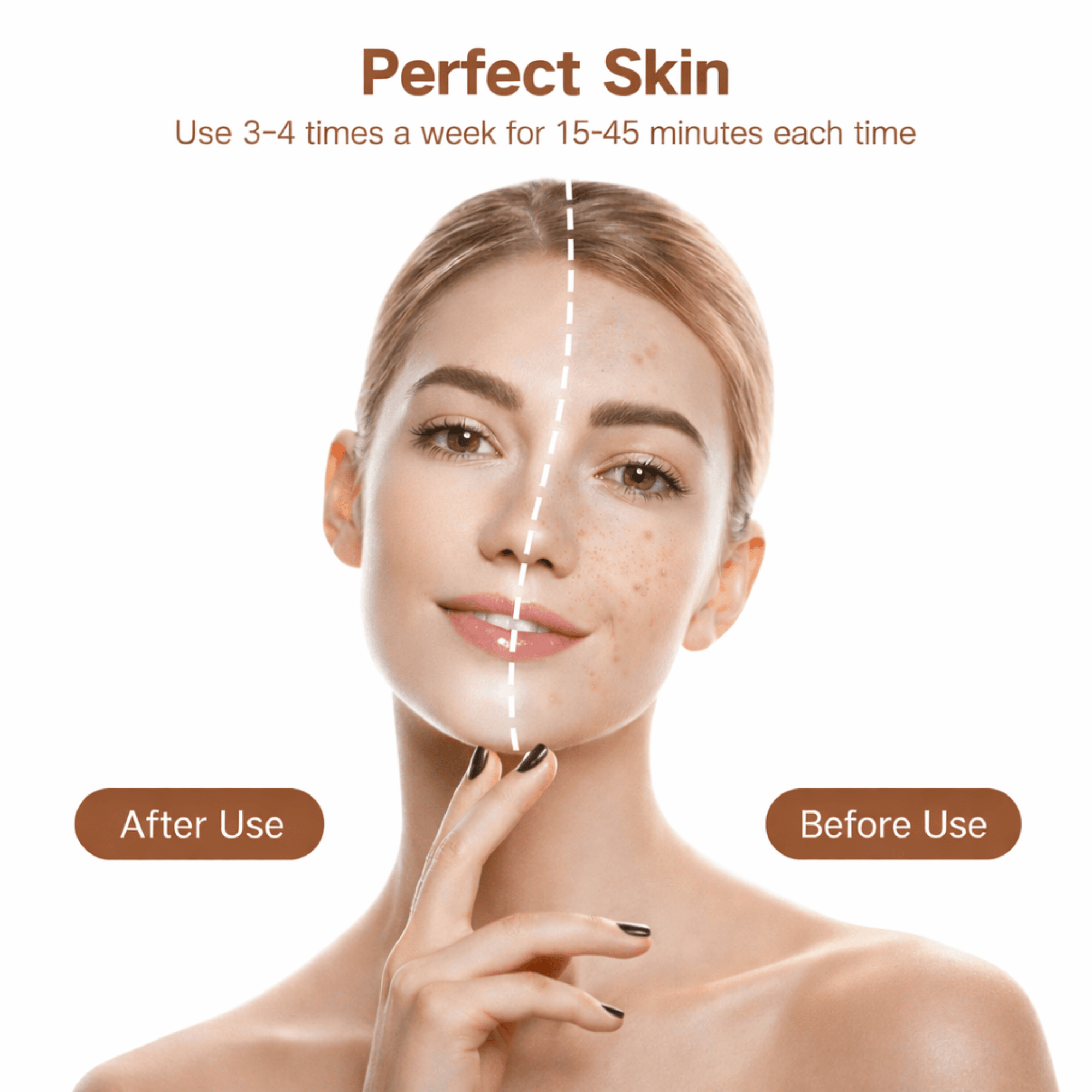 Woman's face before and after use with 'Perfect Skin' text and usage instructions.