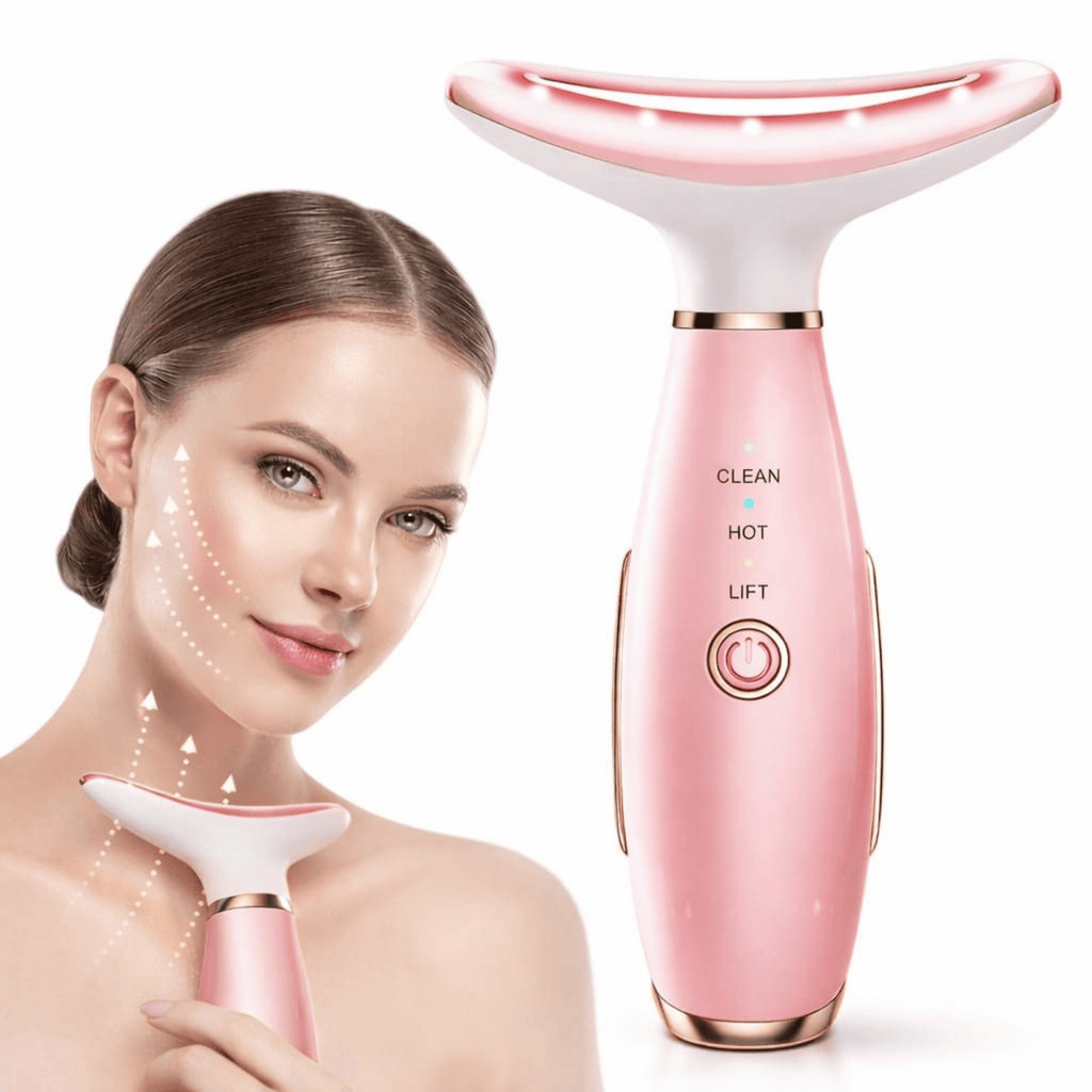 Pink facial steamer with a woman using it on a white background