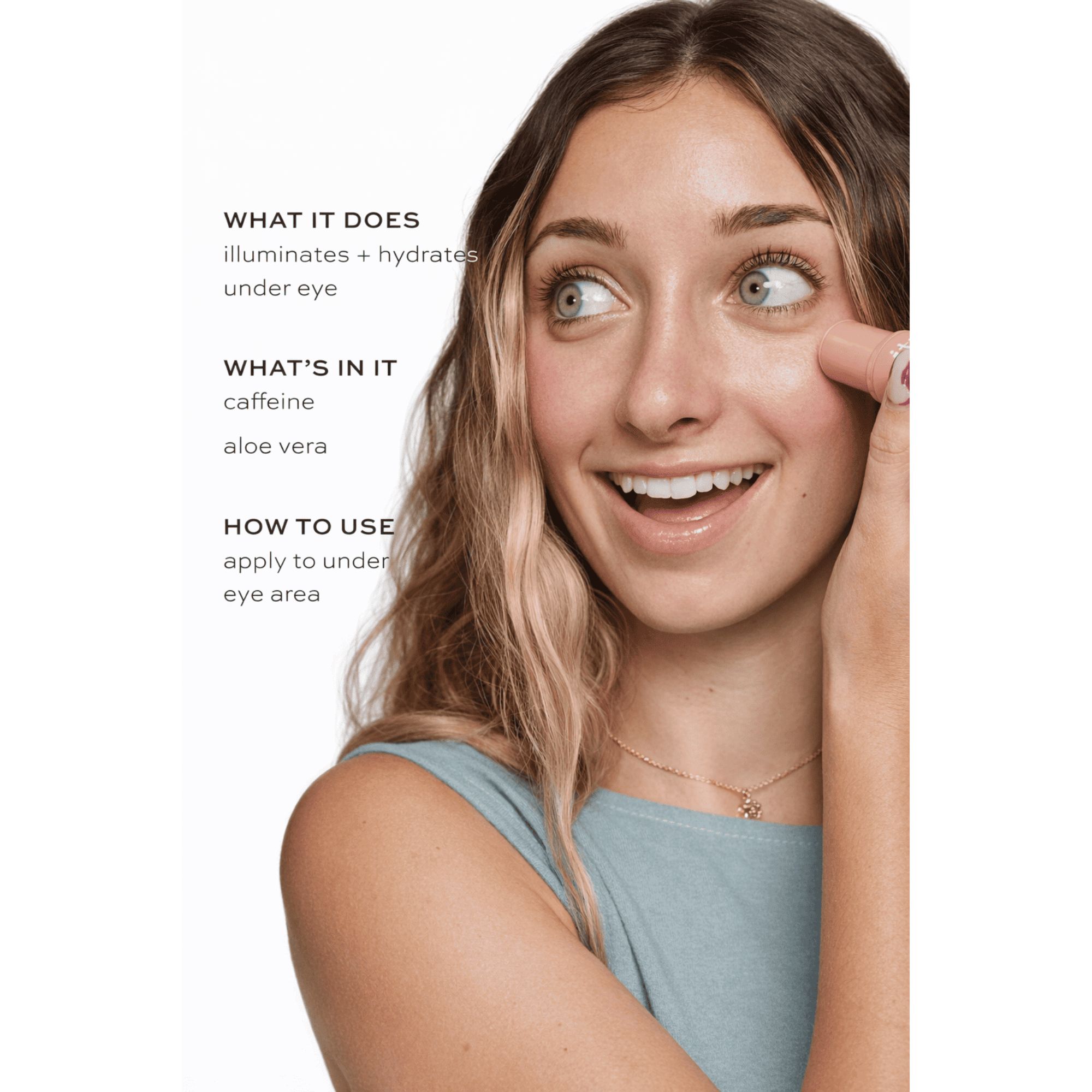 Woman applying product under eye with text on illuminating and hydrating benefits