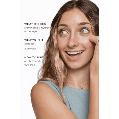 Woman applying product under eye with text on illuminating and hydrating benefits
