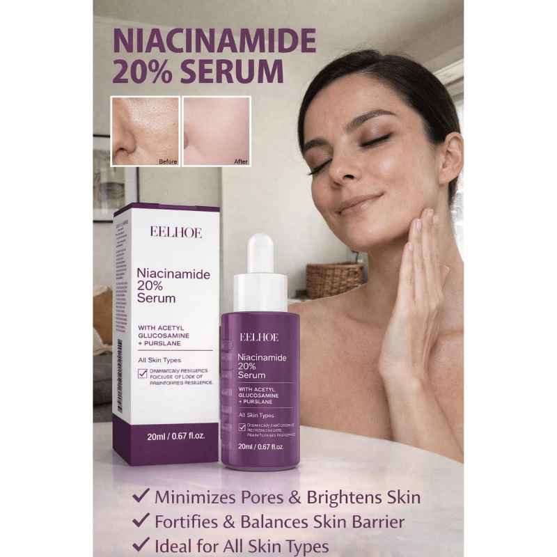 Eelhoe Niacinamide 20% Serum packaging with a woman applying serum to her face.