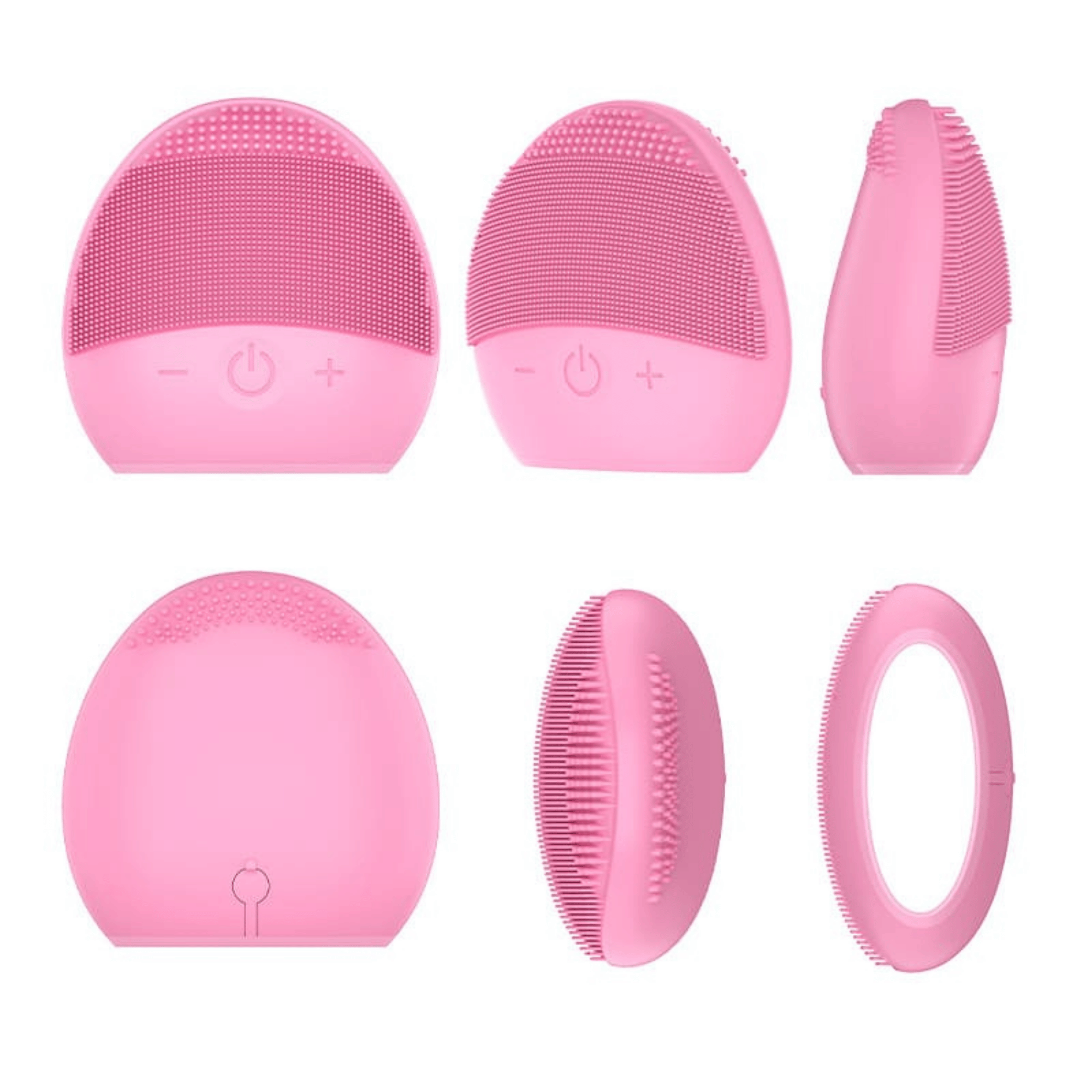 Set of pink silicone cleaning brushes on a white background
