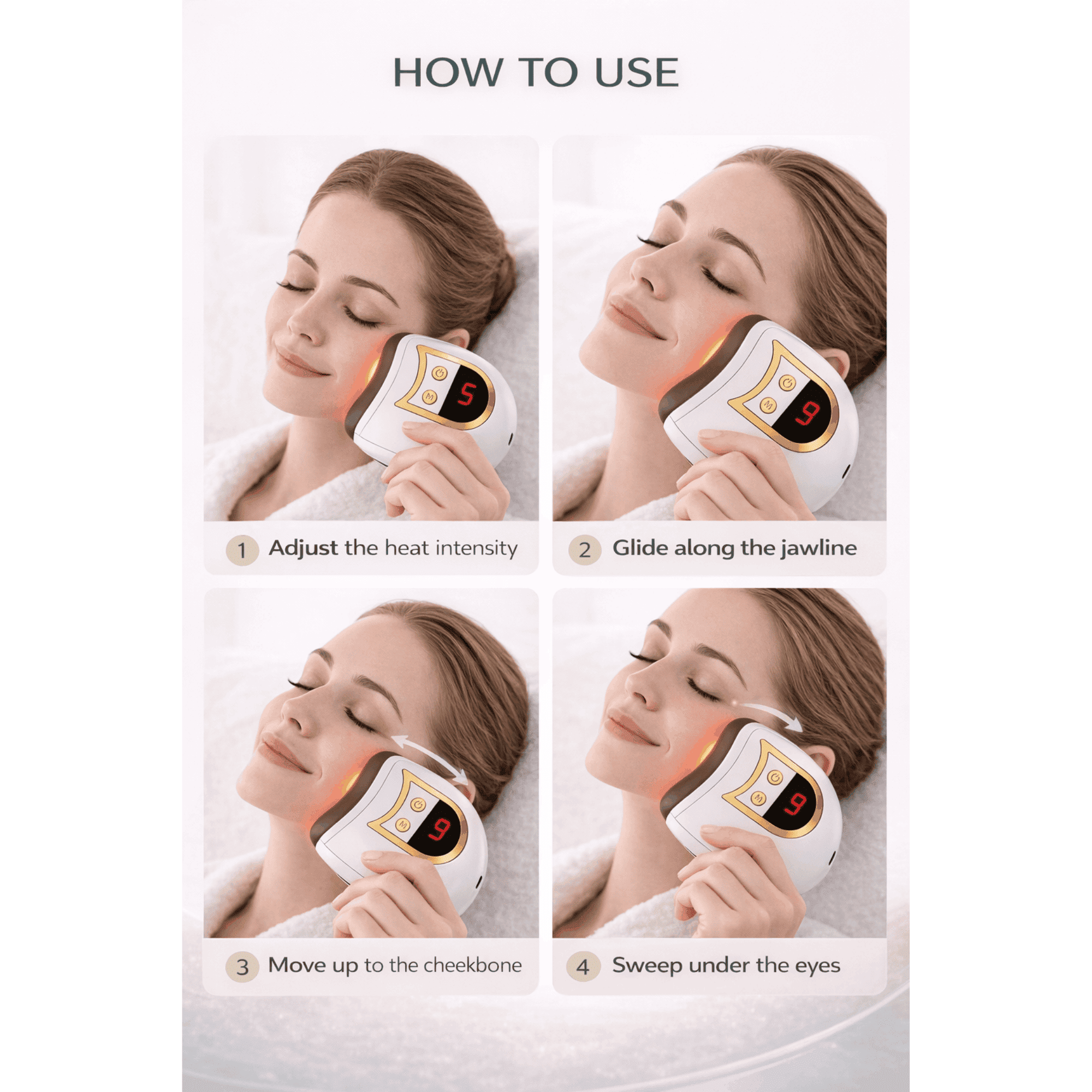 Instructions on how to use a facial massager device with a woman applying it.
