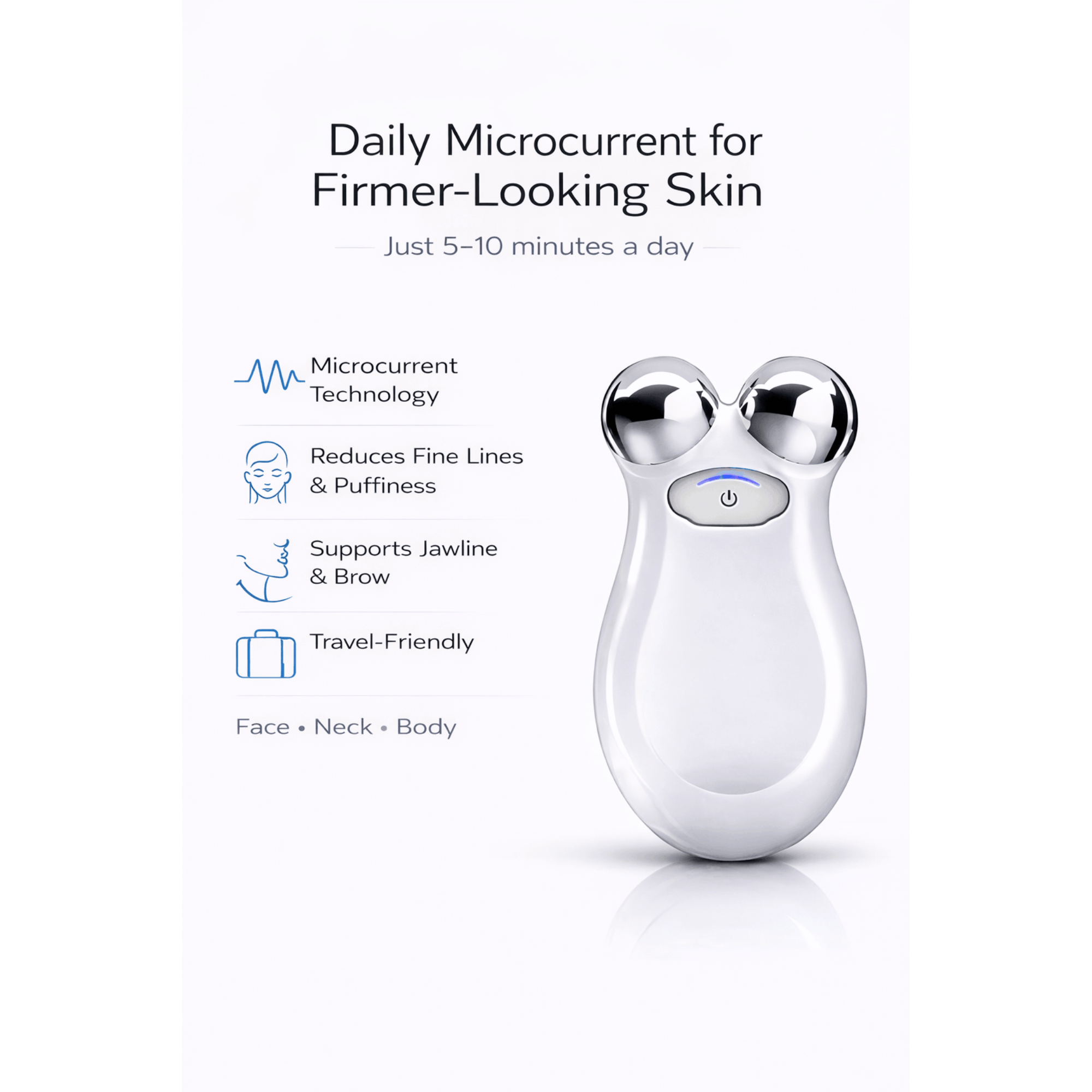 Skin care device with text on daily microcurrent benefits on a white background