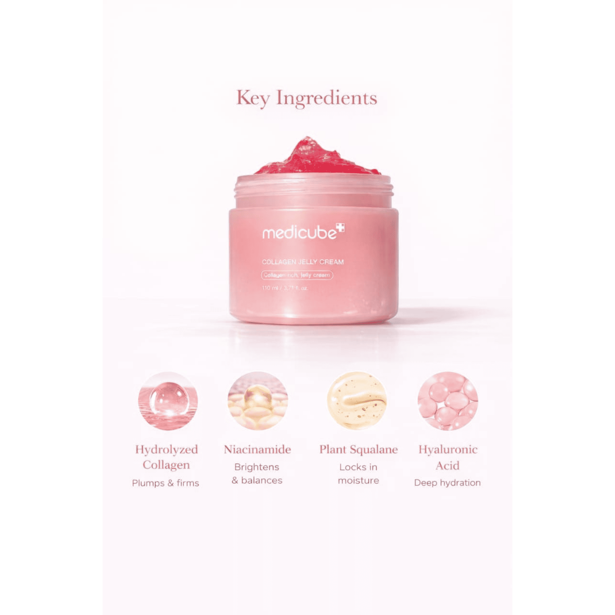 Pink jar of Medicube cream with key ingredients listed on a white background