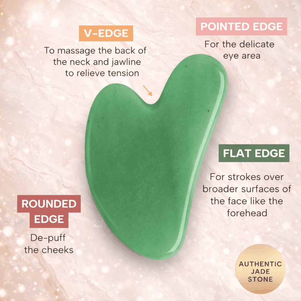 Green jade tool with labeled edges on a textured beige background