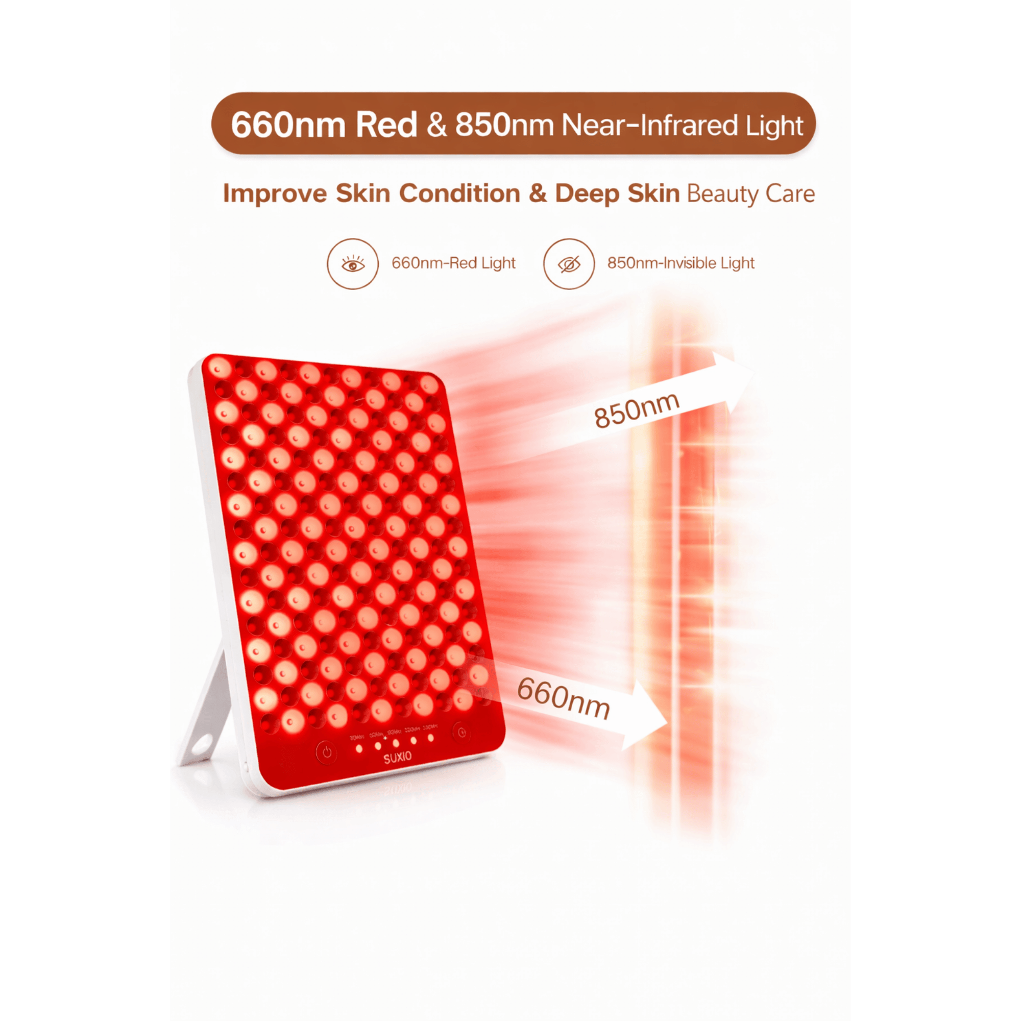 LED light device emitting red and near-infrared light on a white background