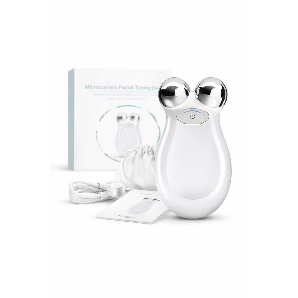 White facial toning device with packaging on a white background