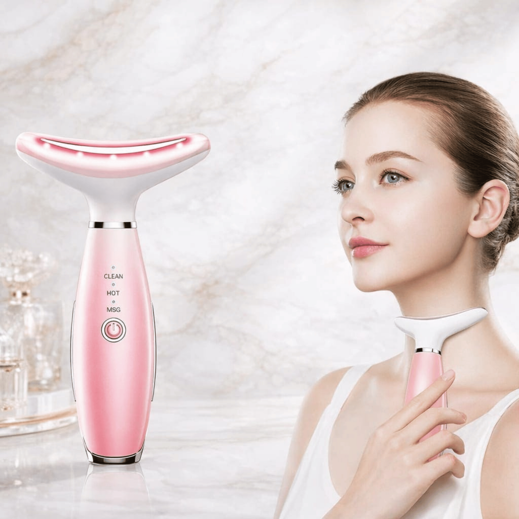 Pink facial cleansing device with a woman using it on a light background