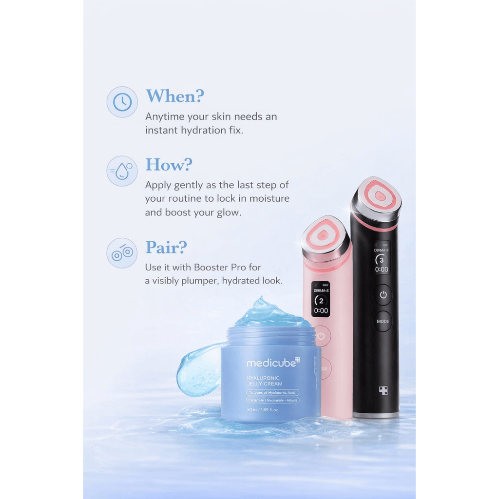 Skincare product set with a blue jar, pink and black device on a light blue background