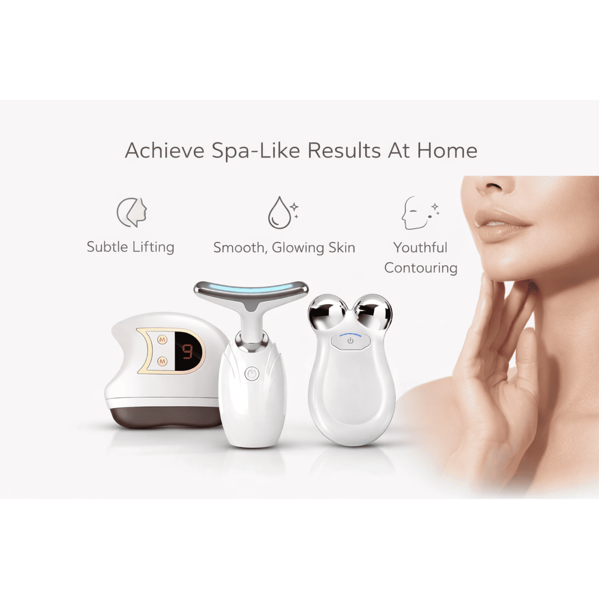 Beauty device with text on achieving spa-like results at home, featuring subtle lifting, smooth glowing skin, and youthful contouring.