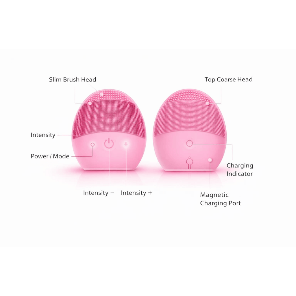 Two pink electronic devices with labeled parts on a white background