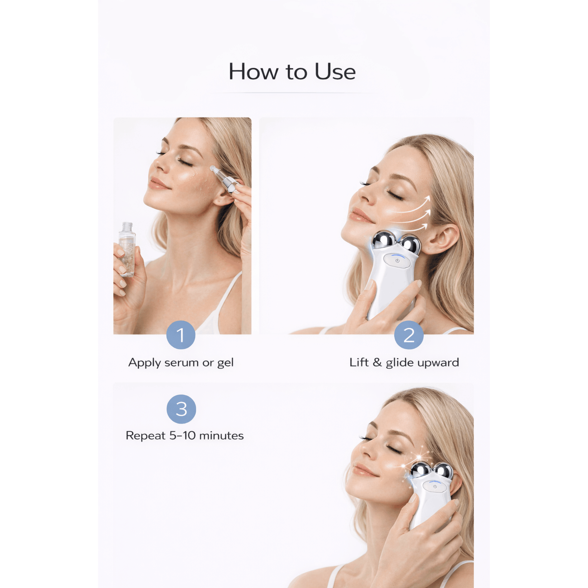 Step-by-step guide on how to use a skincare device with images of a woman applying serum or gel and using the device.