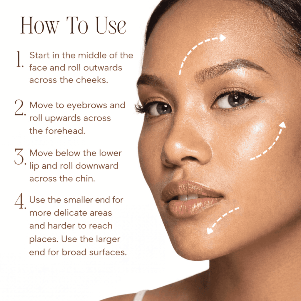 Instructions on how to use a cosmetic product with a close-up of a woman's face.