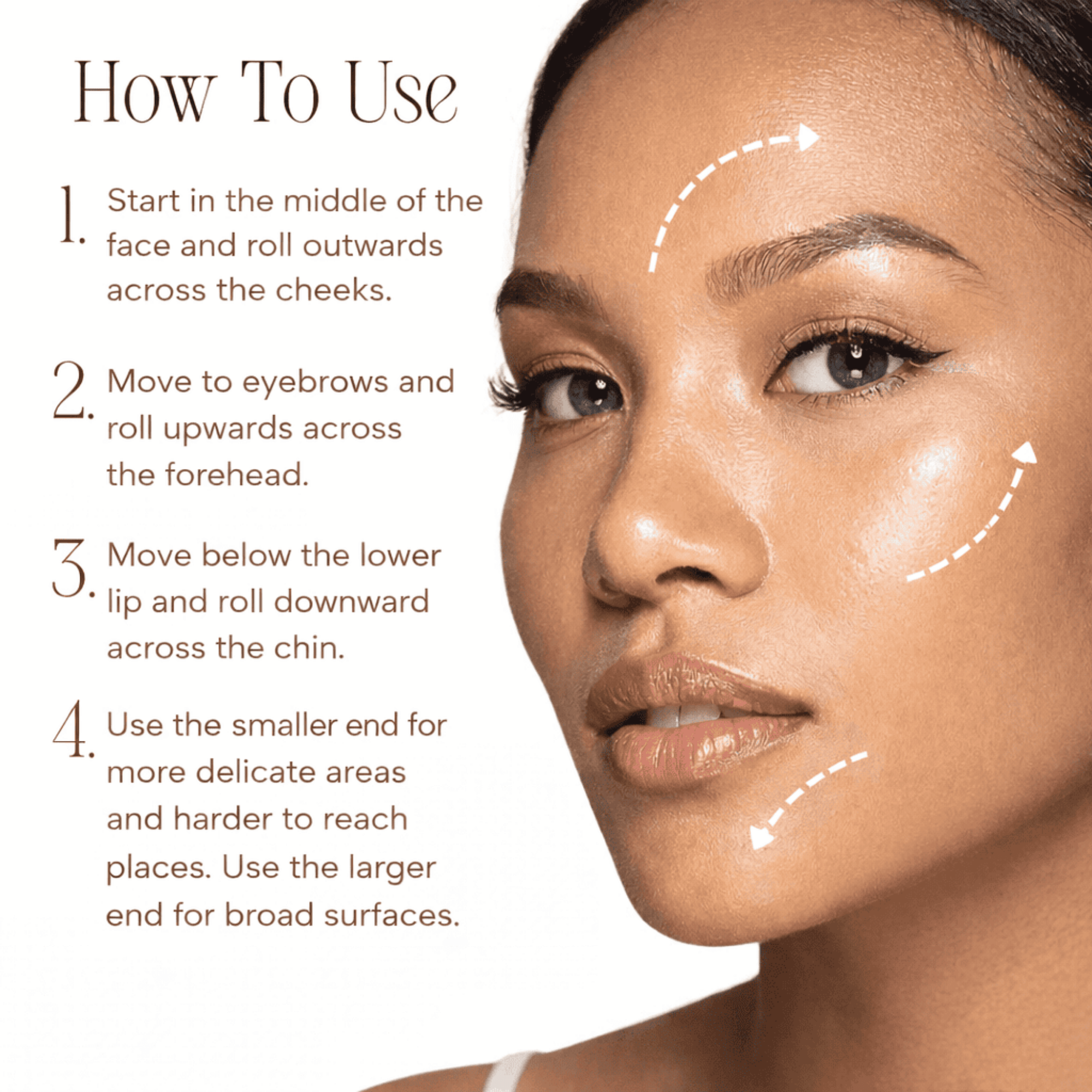 Instructions on how to use a cosmetic product with a close-up of a woman's face.
